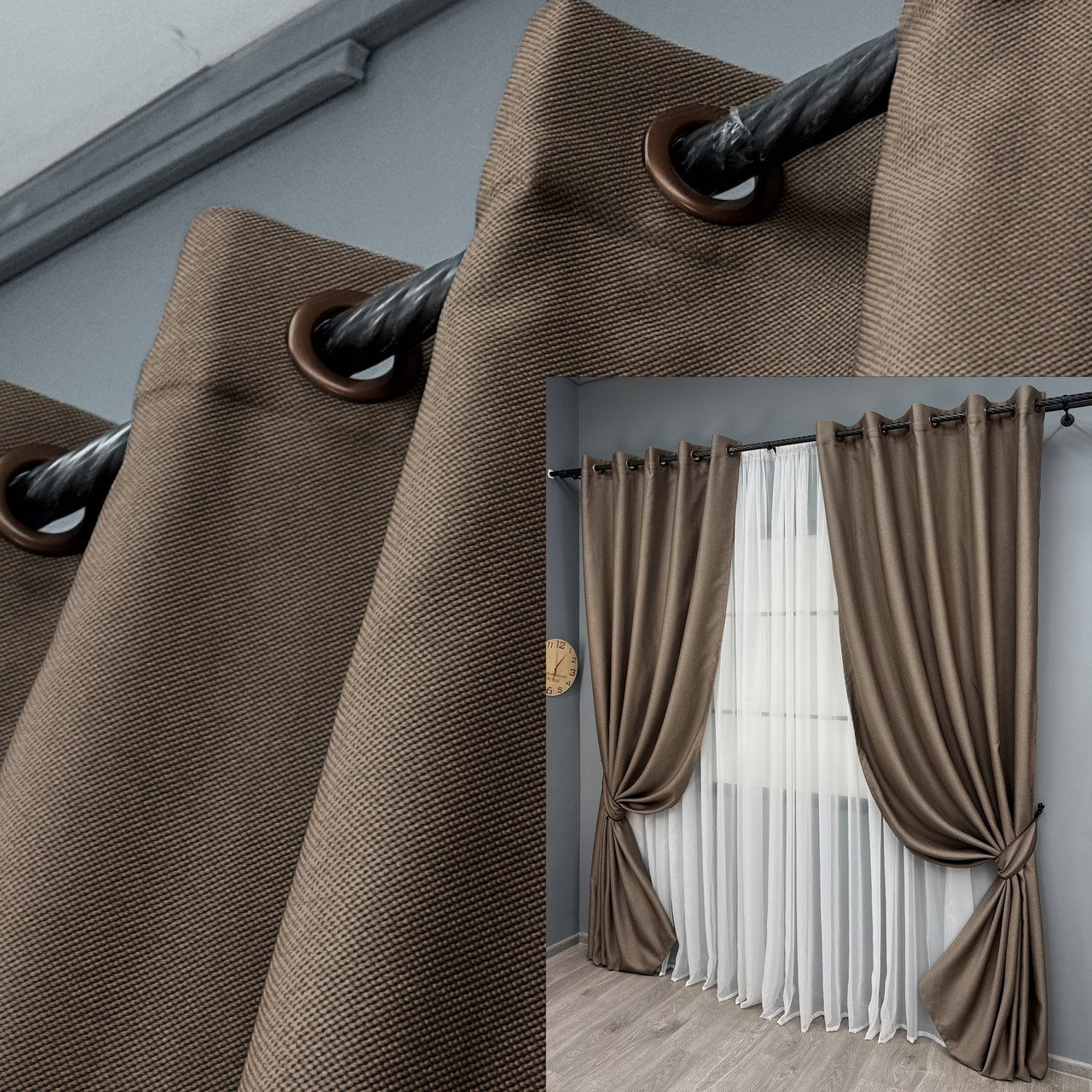 Комплект штор (2шт. 1,5х2,7м.) на люверсах з преміальної тканини рогожка “TERRA LUXE”. Колір какао. Код 1860ш 37-0312, фото 1