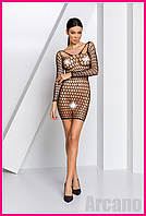 AR Платье крупная сетка LUX HOT с глубоким декольте черное для женщин с длинными рукавами эротическое SEX69\0