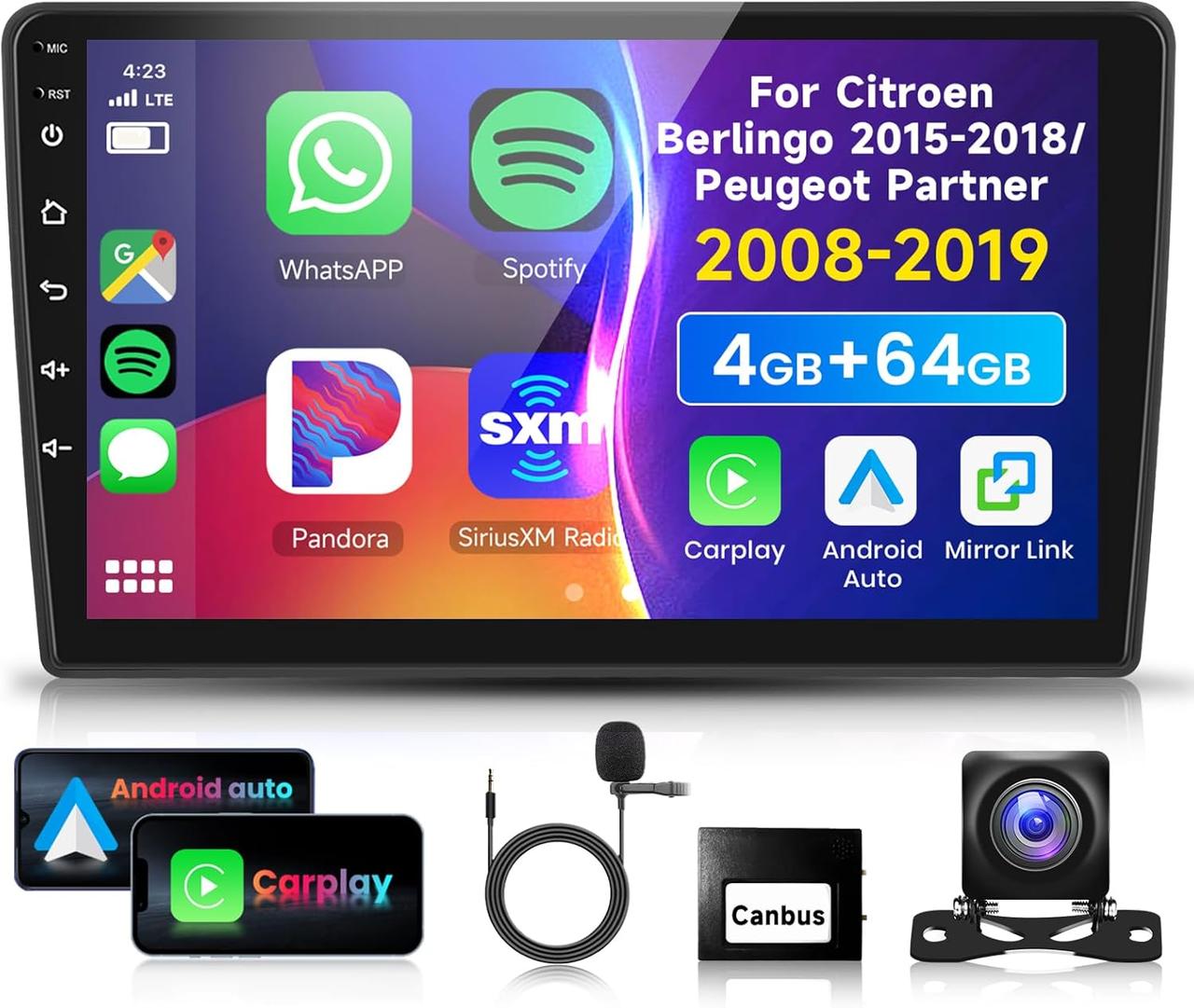 4G 64G VECHTEL 9" Автомобільне радіо з Bluetooth для Citroen Berlingo 2015-2018/Peugeot Partner 2008-2019 Carplay Android Auto, фото 1