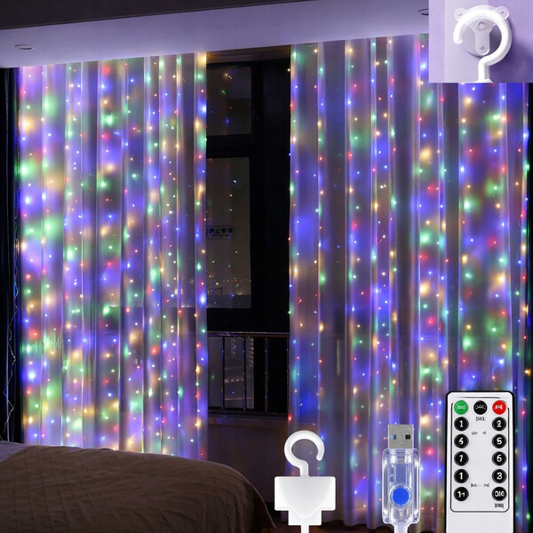 Гірлянда-штора роса USB з гачками 3х3 м 300 LED 8 режимів з пультом на вікно Різнокольоровий (60925), фото 1