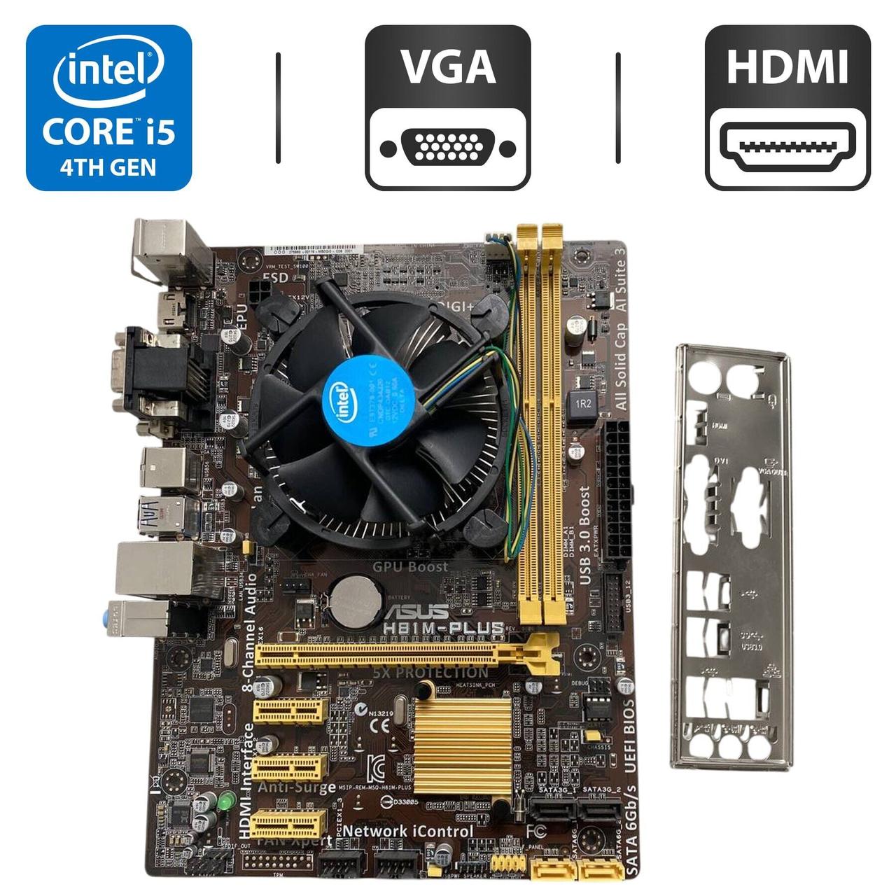 Комплект: Материнська плата Asus H81M-Plus / Intel Core i5-4570 (4 ядра по 3.2 - 3.6 GHz) / Socket LGA 1150 / Задня заглушка