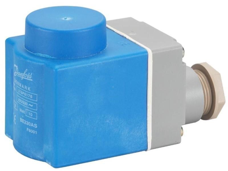 Котушка Danfoss BE230AS 230V 50Hz 10W з корпусом IP67 для роботи в агресивних середовищах з високою вологістю та змінною