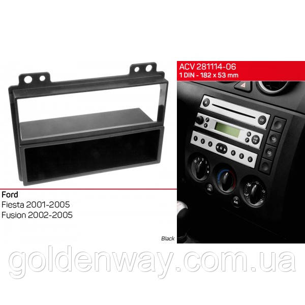 Універсальна перехідна рамка під магнітолу 1 DIN - 182 x 53 мм для Ford Fiesta Fusion 2001-2005 ACV 281114-06, фото 1