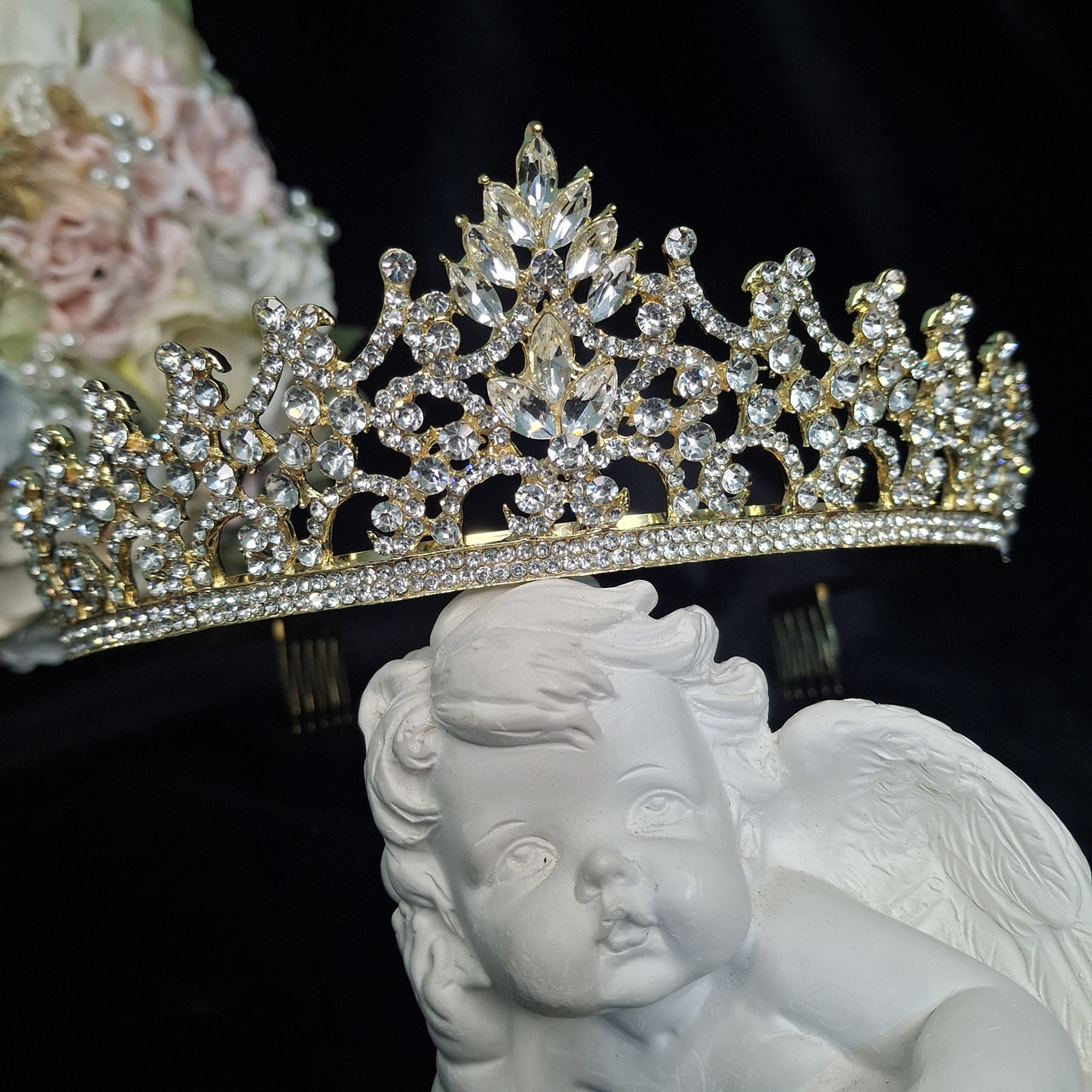 Діадема з кристалами Swarovski Золота 15х4.7 см Ніжна діадема з камінням Тіара діадема, фото 1