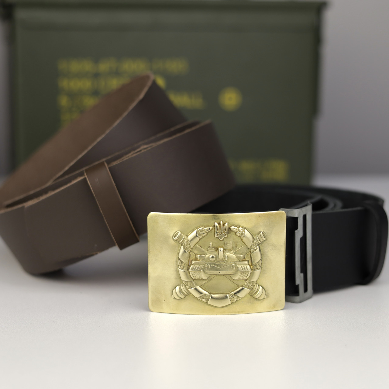 Ремінь солдатський з латунною пряжкою (бляхою) "Танкіст" з натуральної шкіри, №2