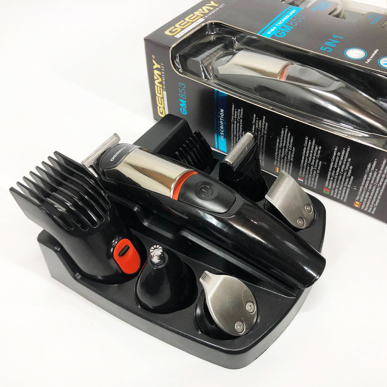 Машинка для стрижки 5в1 Geemy GM-853 стайлер, бритва, триммер на акумуляторі нержавіюча сталь 6 насадок, фото 1