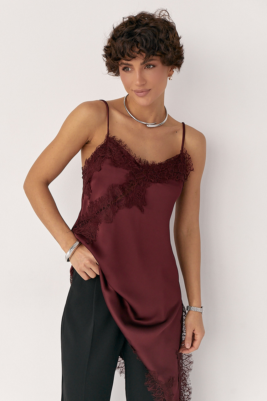 Сатинова майка з мереживом - бордо цвет, ONE SIZE (є розміри), фото 1