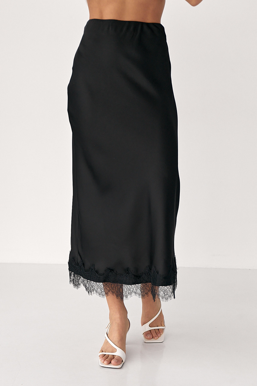 Атласна спідниця міді з мереживом - чорний цвет, S (є розміри), фото 1