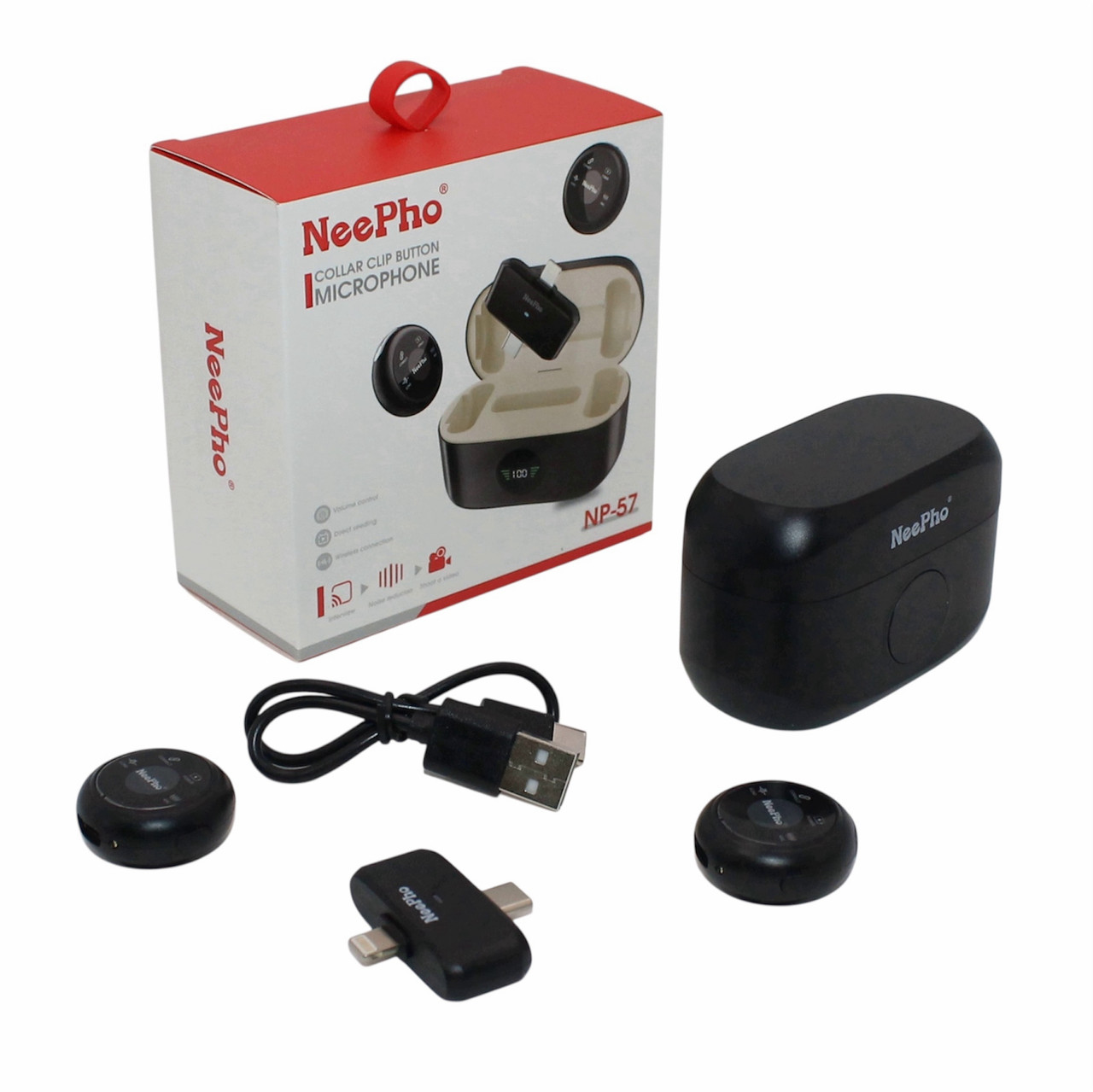 Бездротовий петличний мікрофон подвійний для смартфона із зарядним кейсом Type-C Lighting NeePho NP57, фото 1