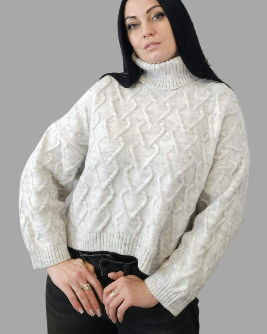 Светр в'язаний з горловиною жіночий світло-сірий меланж. One Size, фото 1