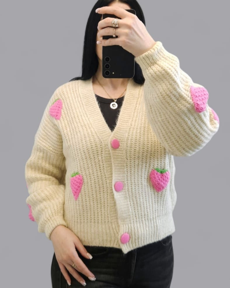 Кардиган на гудзиках "Полунички" жіночий світло-бежевий. One Size, фото 1