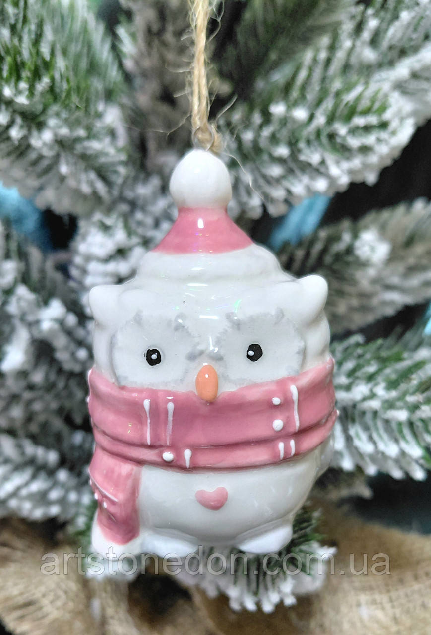 Ялинкова іграшка «Совеня у шарфику», 8 см, кераміка, фото 1