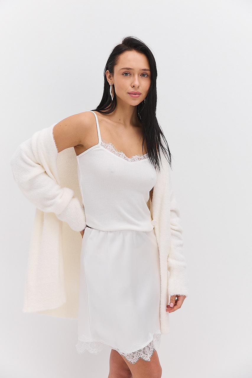 Атласна спідниця міні молочна з мереживом внизу (S-M), фото 1