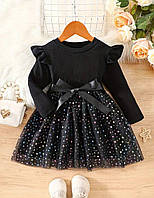 Ошатна сукня для дівчинки з довгим рукавом, чорна святкова сукня з зірочками та рюшами-крильцями 120 (5-6 років)