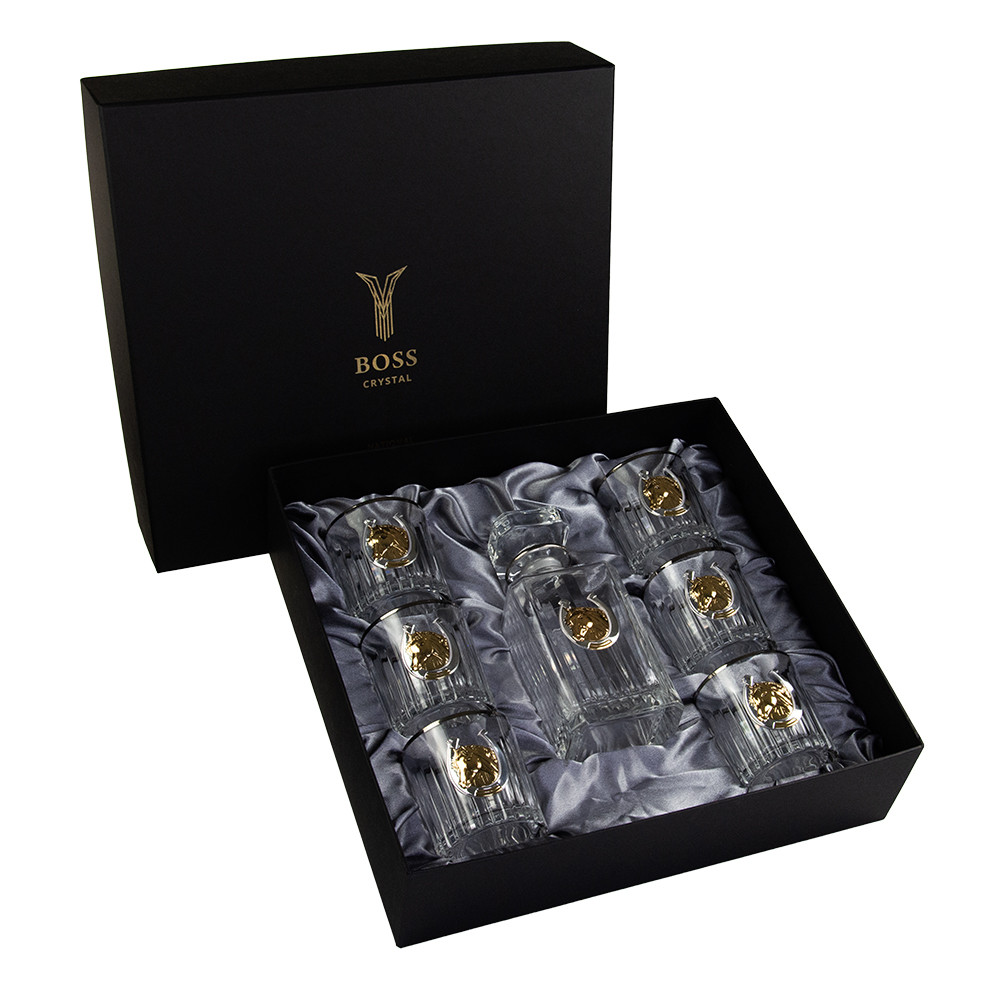 Набір для віскі "ЗОЛОТИЙ КIНЬ 2026" – графін та 6 келихів із кришталю, срібні накладки з позолотою, символ року Гранд Презент, фото 1