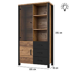 Висока шафа вітрина з підсвічуванням Olin 101 см ялина натуральна та чорний мат на ніжках у їдальню