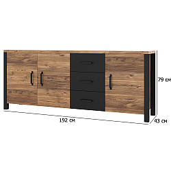 Довгий комод у спальню Olin 192 см ялина натуральна та чорний мат на ніжках з дверцятами та шухлядами в стилі лофт