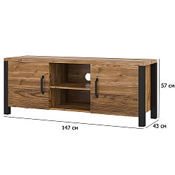 Тумба під телевізор на ніжках Olin 147 см ялина натуральна та чорний мат з полицями та дверцятами в стилі лофт
