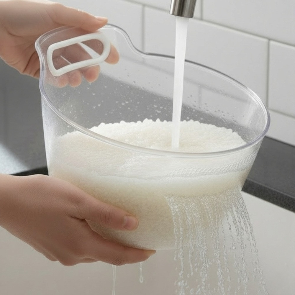 Миска-друшляк для промивання рису, прозора, з ручкою / Сито для промивання круп і овочів / Зливна миска, фото 1