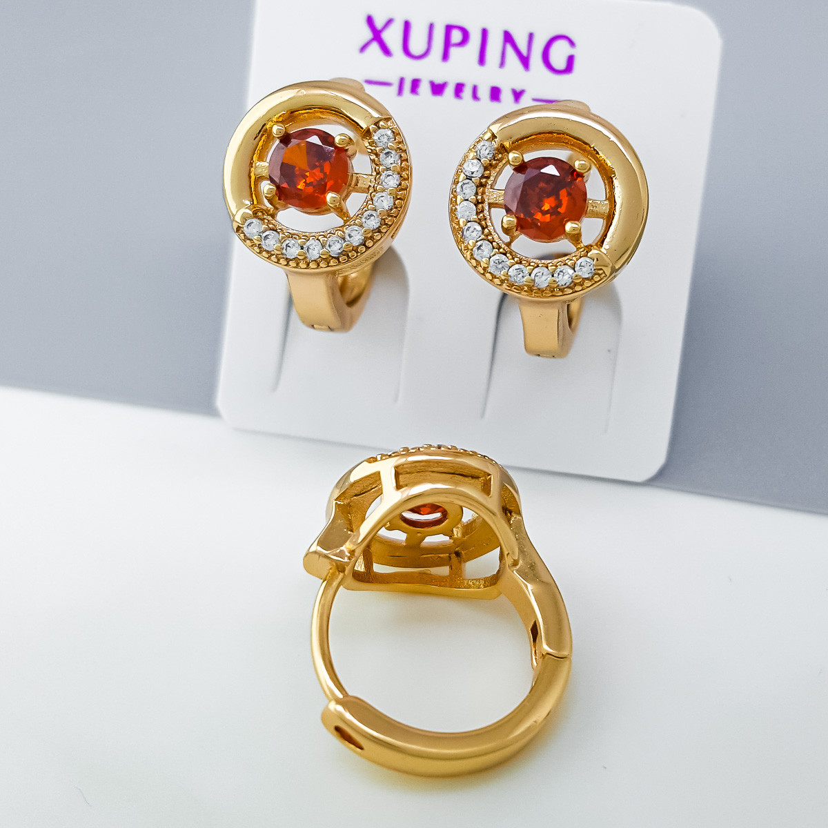 Сережки Круг з червоним цирконієм, медзолото Xuping, позолота 18К, фото 1