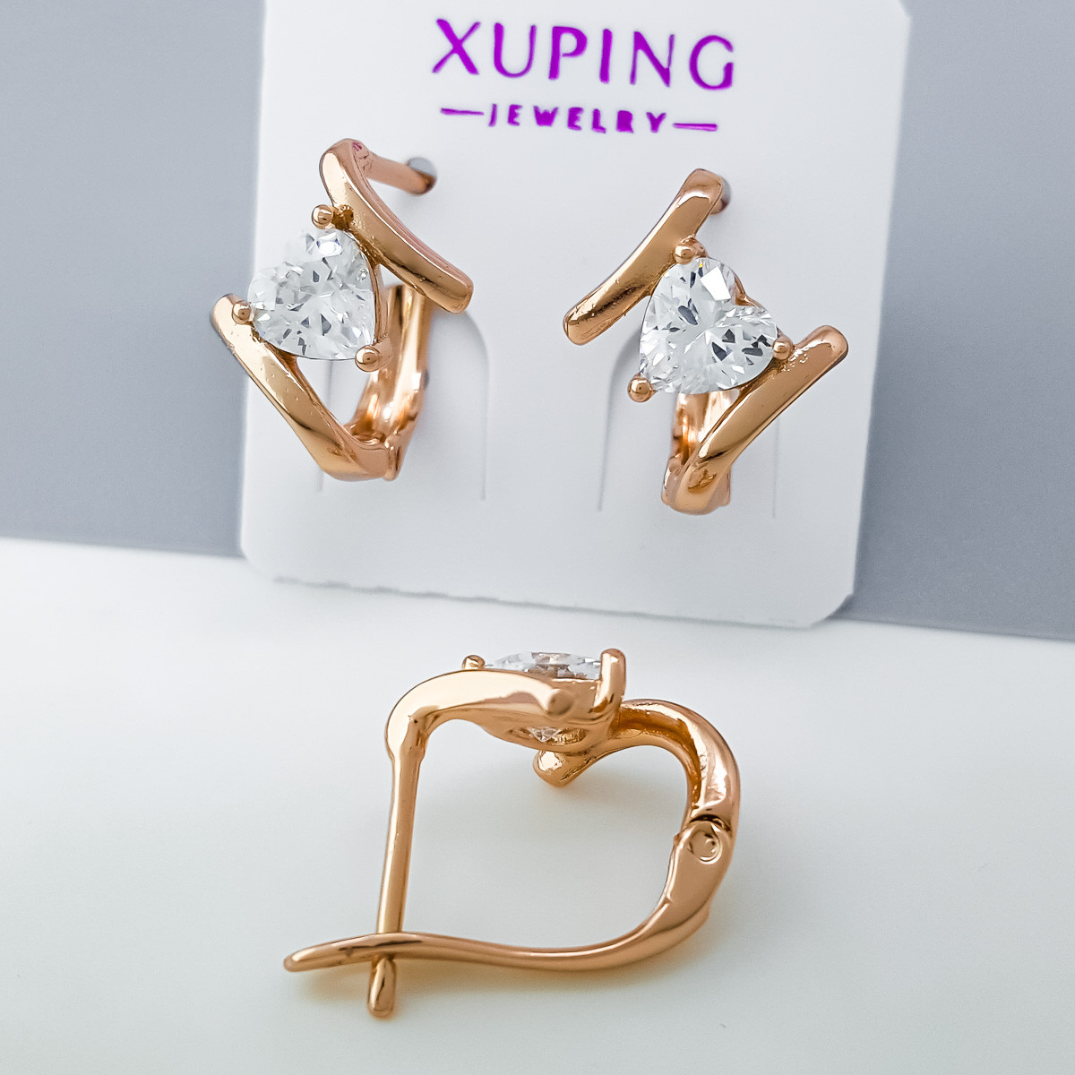 Сережки Кришталеве Серце, вставка цирконій, медзолото Xuping, позолота 14К, фото 1