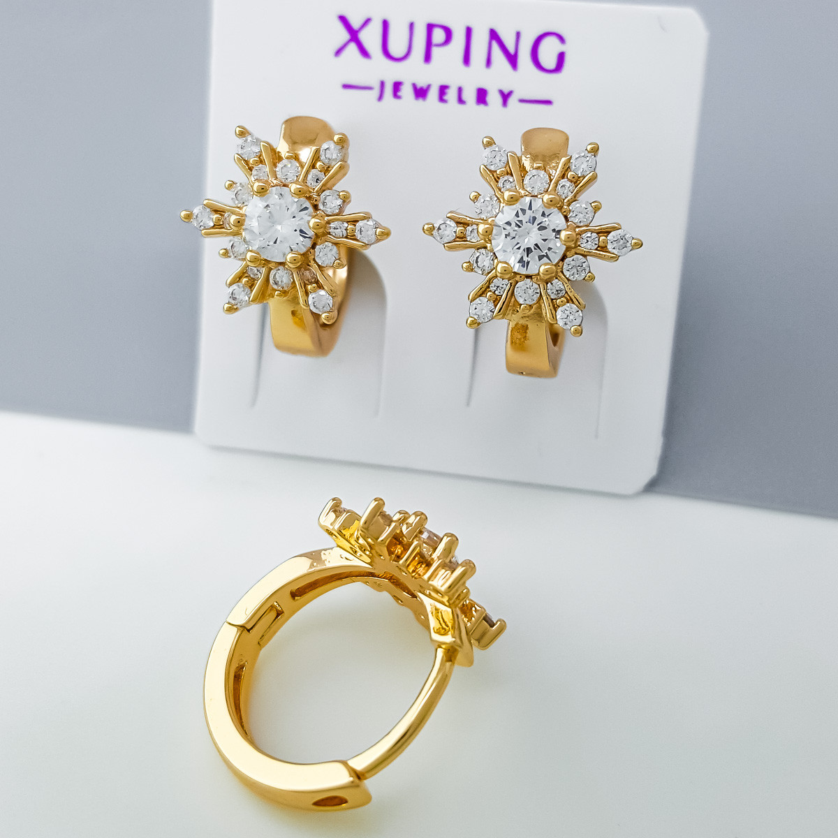 Сережки Сніжинки, інкрустація цирконієм, медзолото Xuping, позолота 18К, фото 1