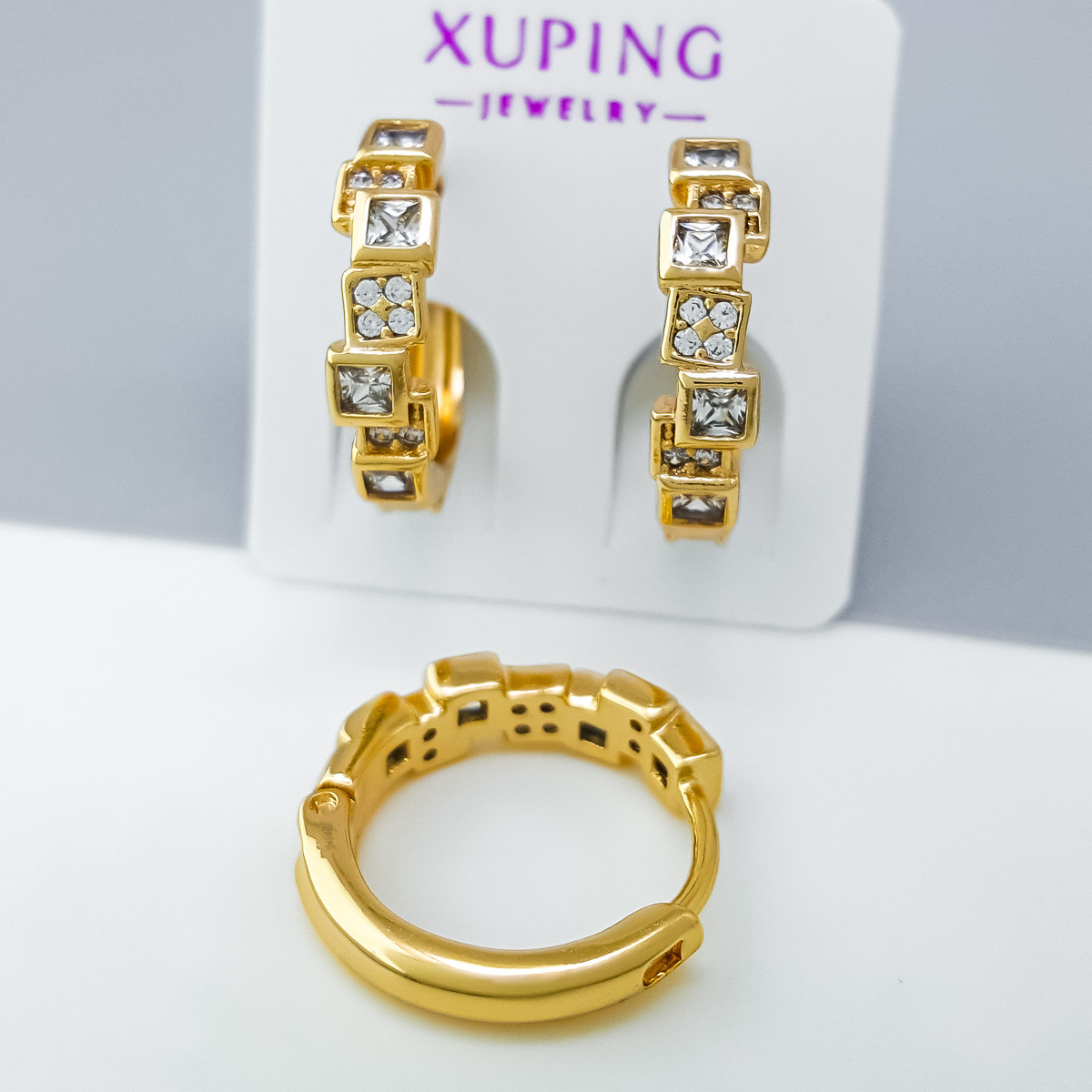 Сережки Геометрія зі вставкою цирконію, медзолото Xuping, позолота 18К, фото 1