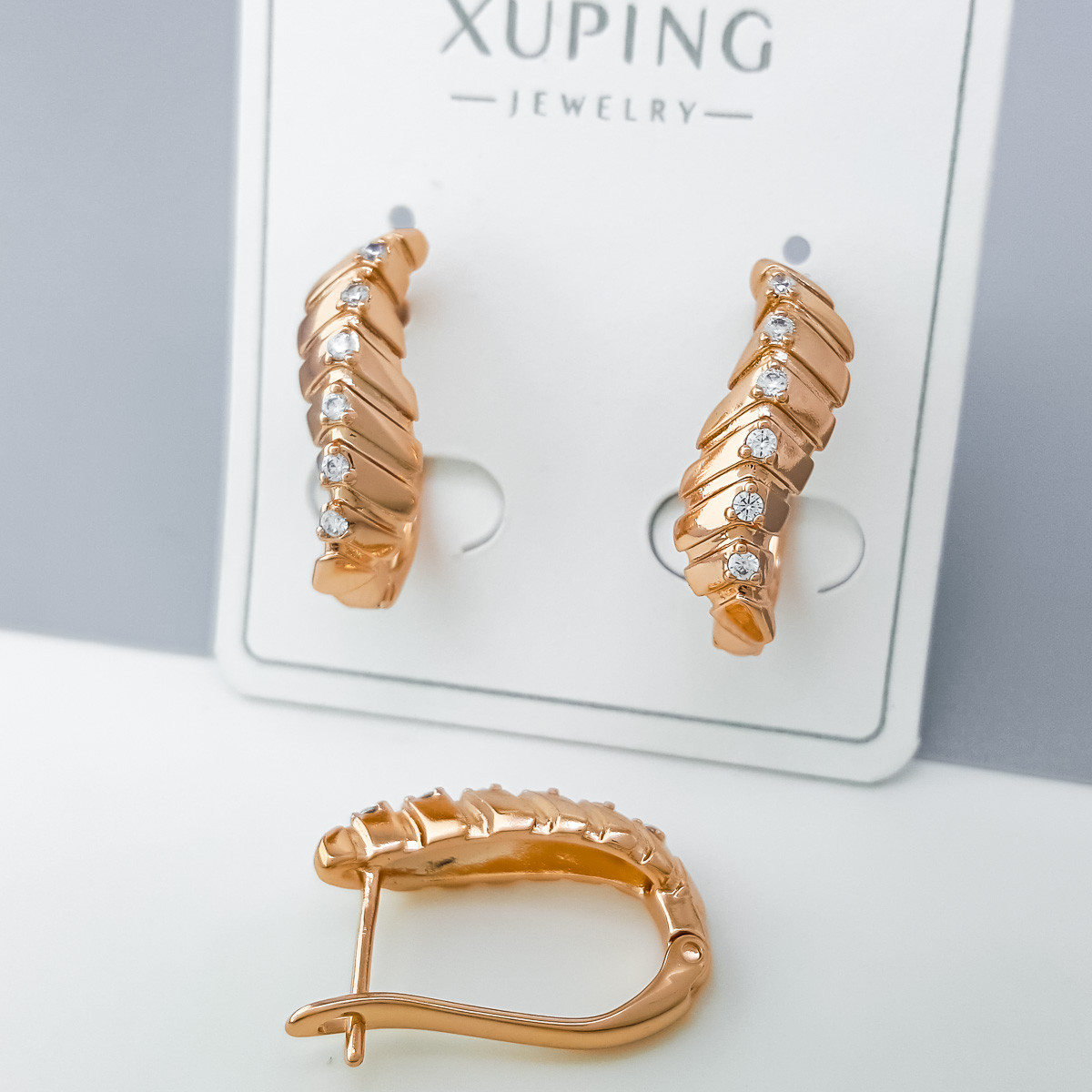 Сережки Хвиля з доріжкою цирконію, англ.замок, медзолото Xuping, позолота 14К, фото 1