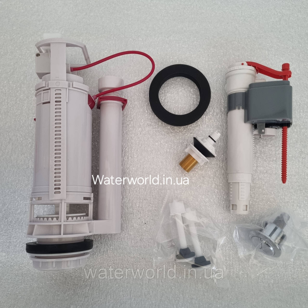 Універсальний набір арматури для бака унітазу ТМ. KOER з кнопкою економ зливу різьблення метал 1/2