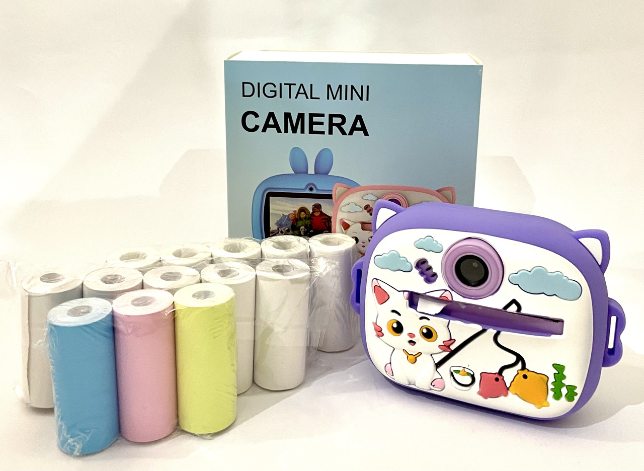 Фото+принтер 2 камери бузковий із кішечкою + 10 рулонів паперу, фото 1