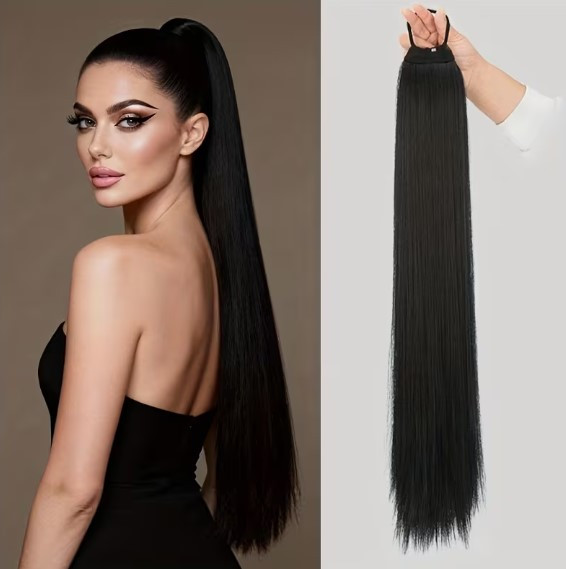 Накладний хвіст на гумці якісний і густий 71 см колір чорний термоволокно, фото 1
