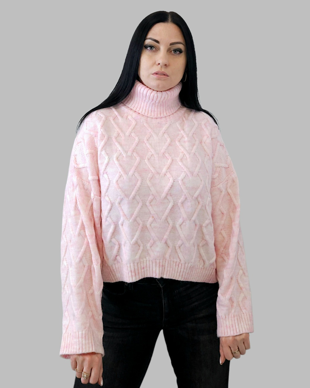 Светр в'язаний з горловиною жіночий світло-рожевий. One Size, фото 1