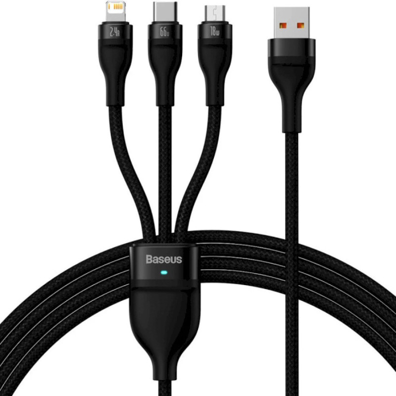 Кабель Baseus Flash Series Ⅱ One-for-three Fast Charging Data Cable USB to M+L+C 66W 1.2m Black, фото 1