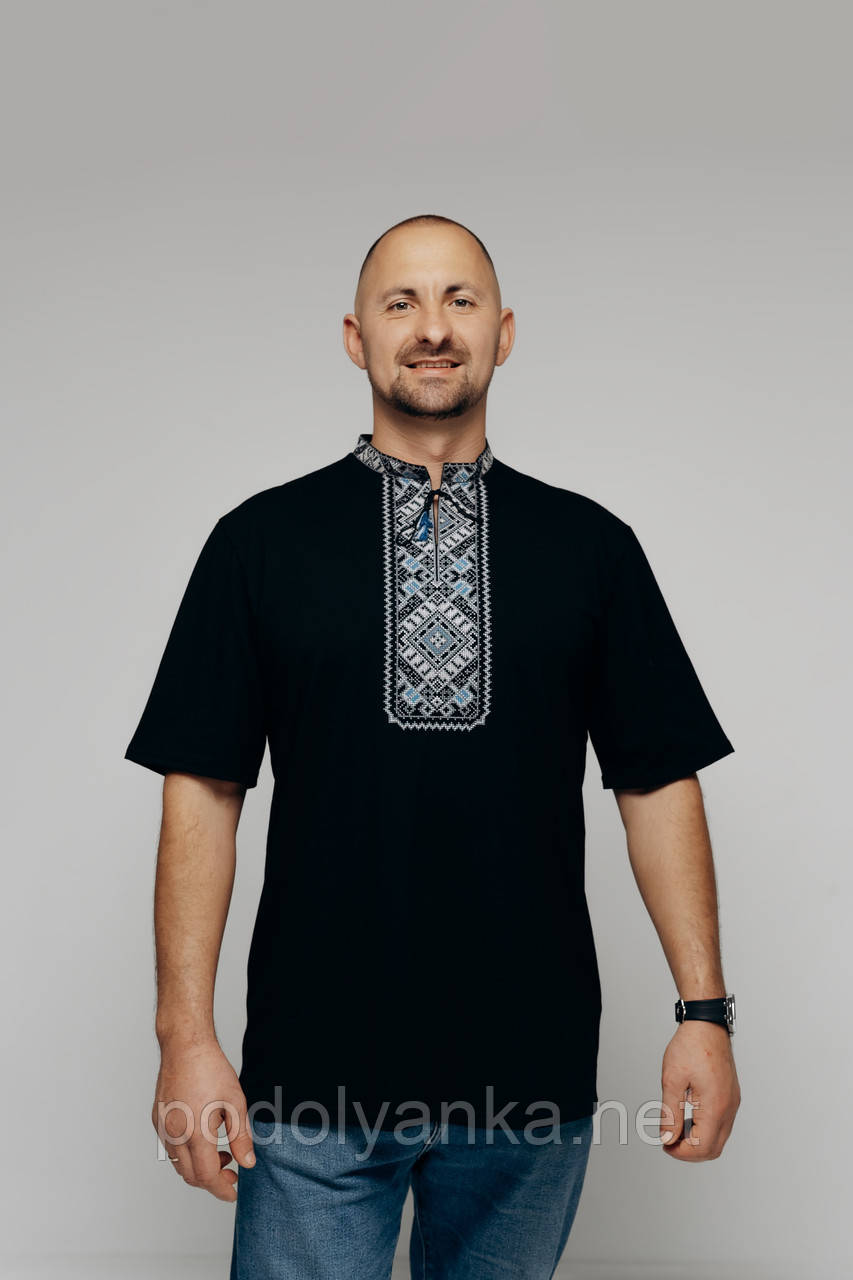 Чоловіча вишиванка Колорит сіро-голуба на чорному, фото 1