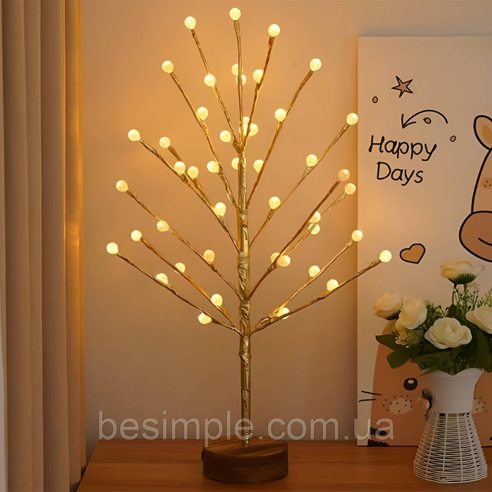 Настільний світильник Дерево з кульками (60см), від батарейок, Теплий білий / Світильник-нічник / Дерево-гірлянда, фото 1