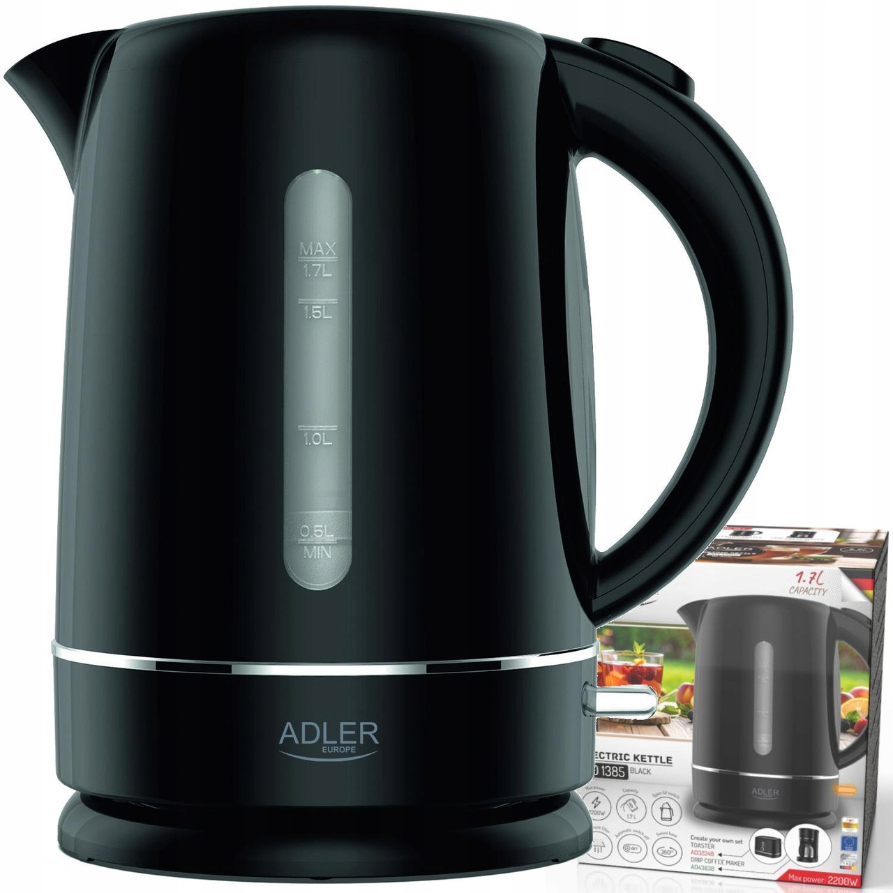 Електричний чайник Adler AD 1385 black  — 1,7 л, 2200 Вт, нержавіюча сталь, автоматичне вимкнення, фото 1