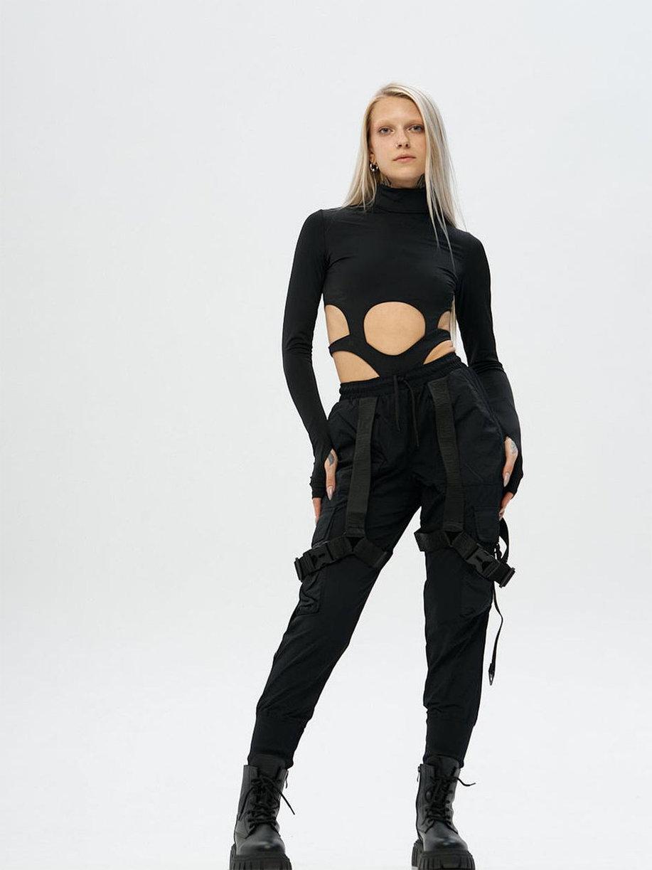 Жіноче боді "SW-2410" з вирізами чорне, еластичний гольф-боді з біфлексу з довгим рукавом, фото 1