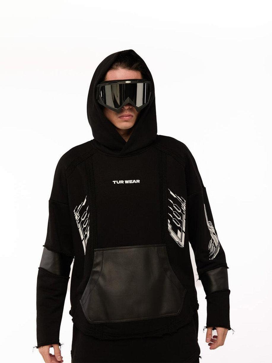 Чоловіче худі оверсайз Tur Wear SM-2414 чорне зі вставками зі штучної шкіри та принтами, фото 1