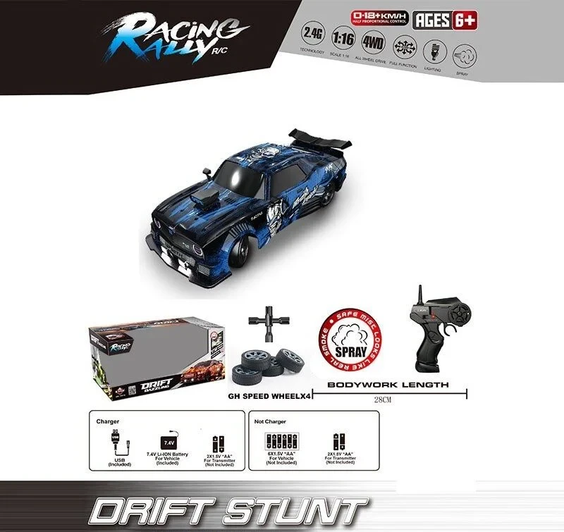 Машина на радіокеруванні масштаб 1:16, акумулятор 3.7V, пульт керування 2.4 GHz, дрифтує, змінні колеса, підсвічування, парогенера, фото 1