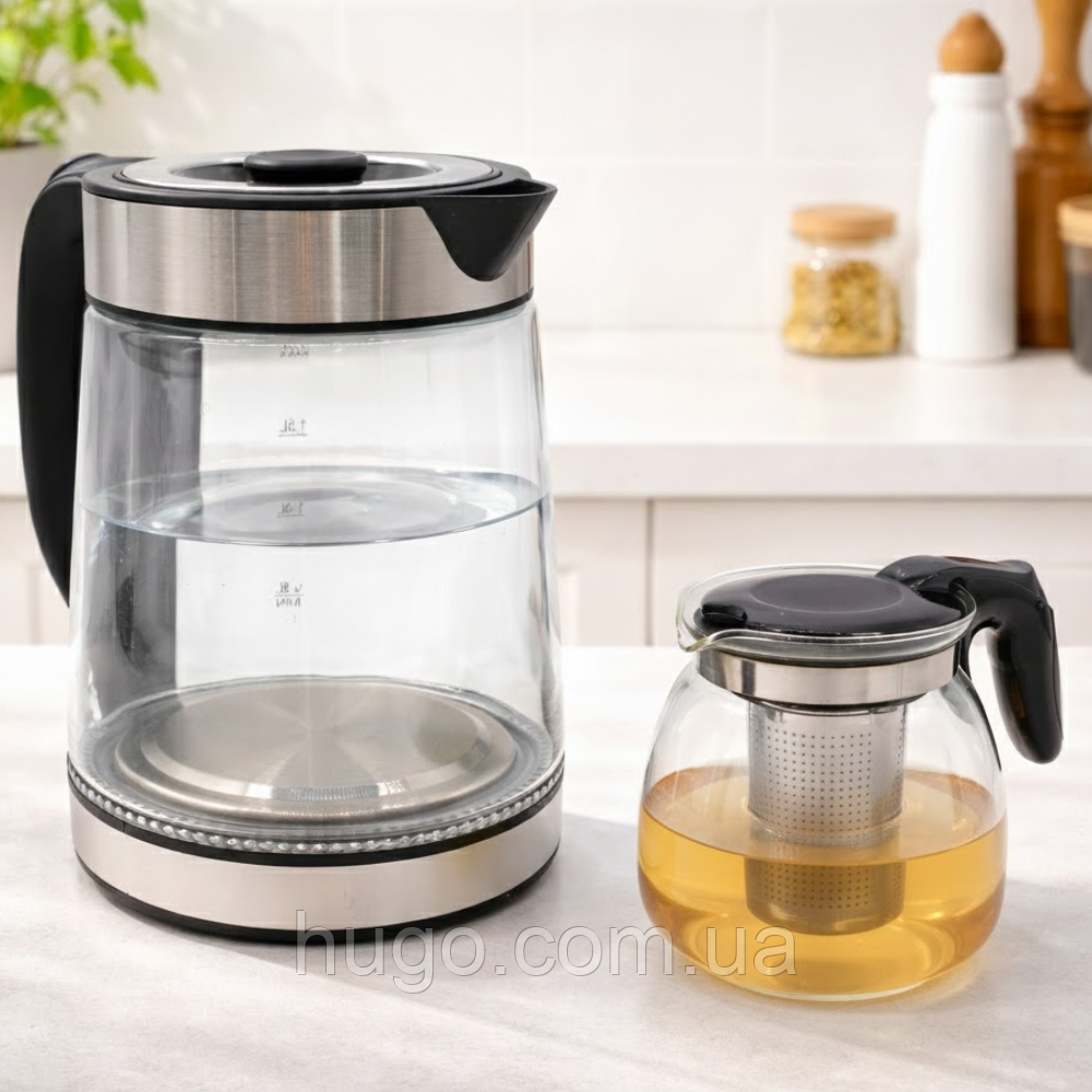 Чайний набір LumaBella LB-59019: електрочайник 2.2л та заварник 0.8л / Електричний чайник дисковий / Скляний чайник, фото 1