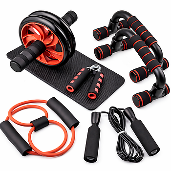 Фітнес набір 7 в 1 (ролик преса, брусся для віджимань, еспандер, скакалка) / Набір для тренувань вдома / Спортивний набір для дому