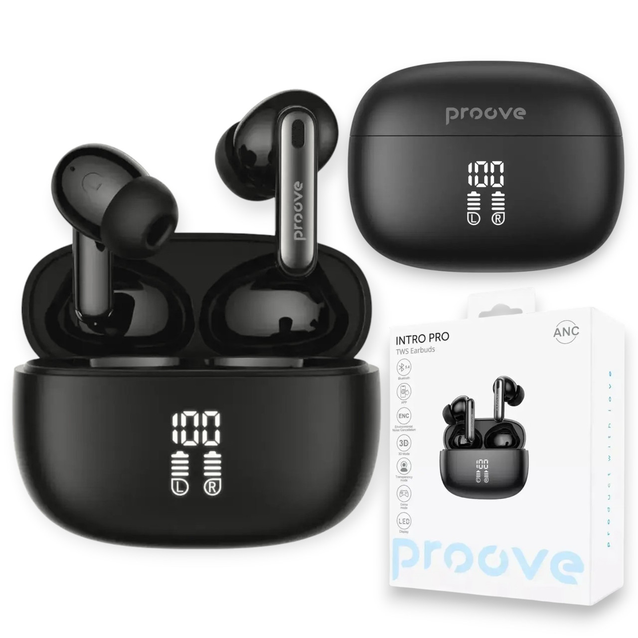 Бездротові Bluetooth навушники Proove Intro Pro ANC з активним шумопоглинанням, Bluetooth 5.4, ігровий режим, IPX4, Black, фото 1