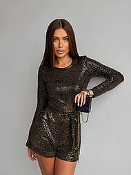 Комбінезон ромпер блискучий жіночий шорти шоколадний коричневий золотий