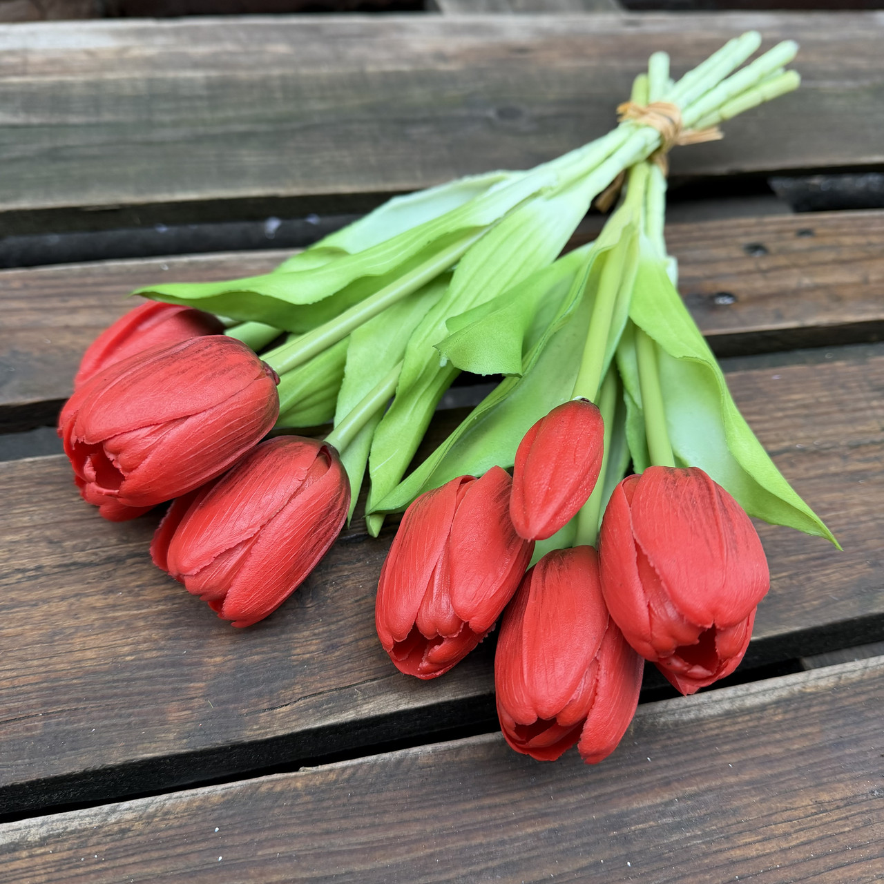 Штучний латексаний тюльпан пучок 5 шт 30 см люкс гелевий червоний, фото 1