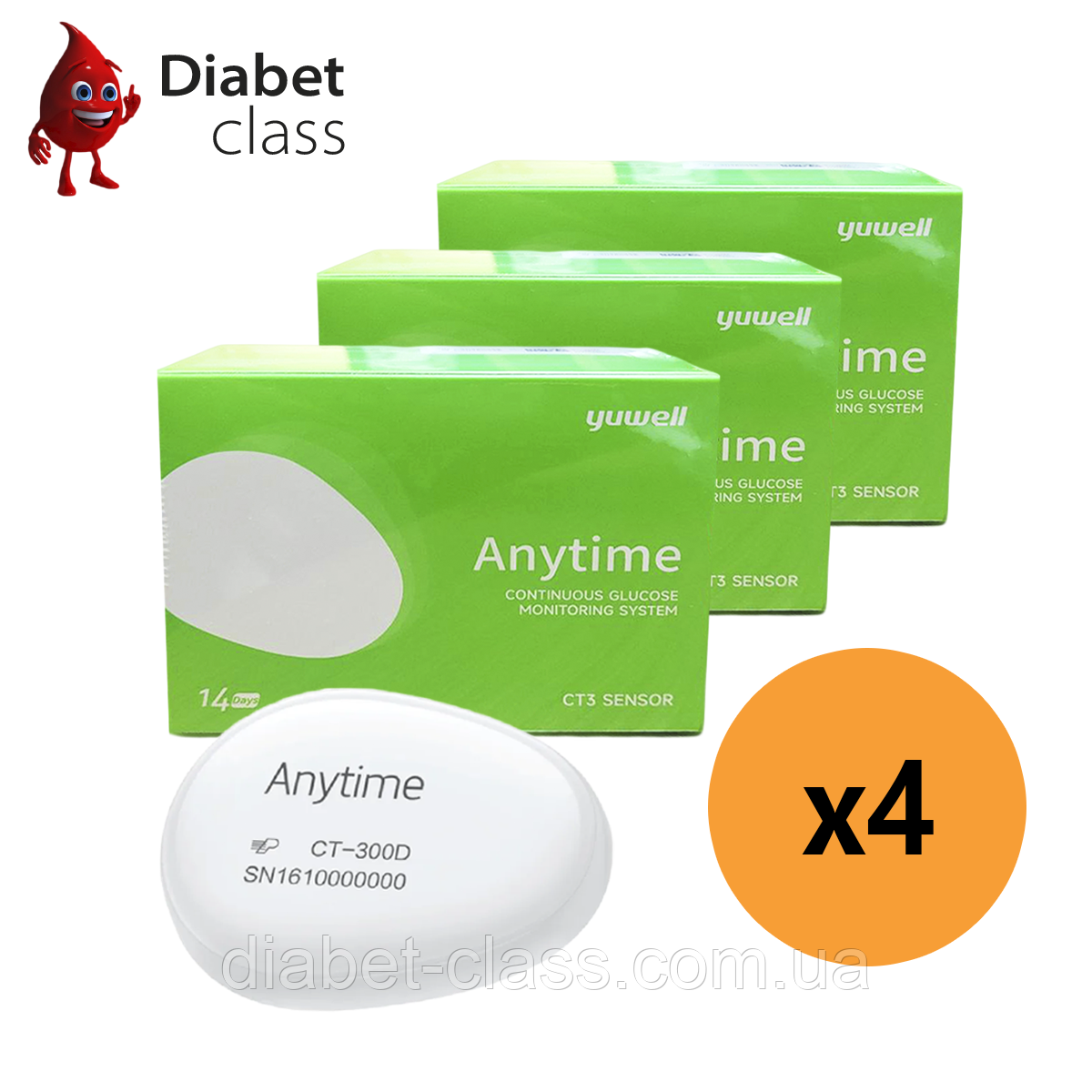 Сенсор для системи безперервного моніторингу глюкози CGM Yuwell CT 3 – 4 сенсори + 1 трансмітер, фото 1