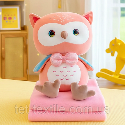 М'яка іграшка з пледом усередині Сова рожева, фото 1