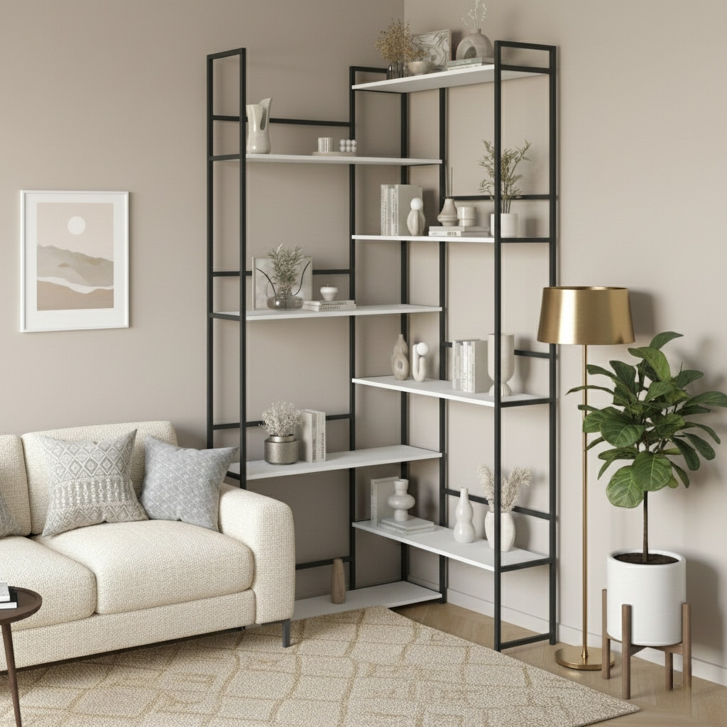 Стелаж для інтер'єру лофт з 8 відкритими полицями з ЛДСП Стелажі кутові для дому, фото 1