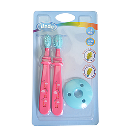 Набір із двох щіточок для ясен і перших зубів Lindo з безпечним кільцем Рожевий