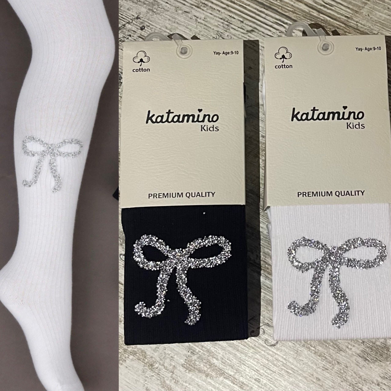 Бавовняні колготки для дівчаток у рубчик зі срібним бантиком — напилення блискітки, фото 1