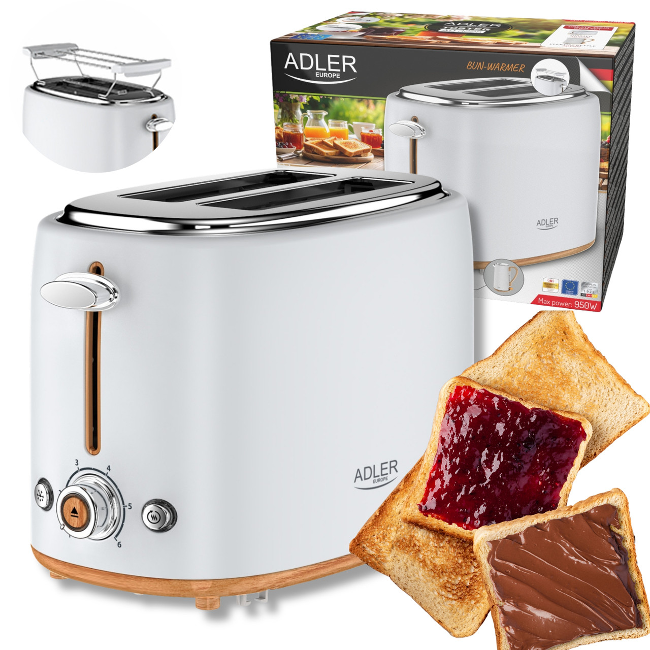 Тостер Adler AD 3225 — 850 Вт, 2 скибки, 7 режимів підсмажування, піддон для крихт, фото 1